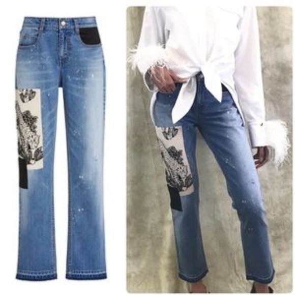 NWOT $450 Sz 4 Hellessy Leopard Patchwork Blue Denim Ankle Jeans - Picture 1 of 7